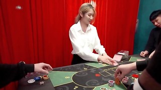 Kinky card dealer gets ravaged behind the crimson curtain