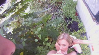 Hot blondie chick is having deep throat and vaginal sex outdoors