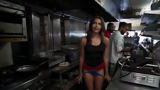Two crazy cooks pulverizing a slutty girl in the kitchen